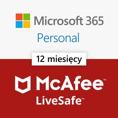 Microsoft 365 Personal 12 miesięcy (Office / 1 os. 5 urządzeń) + McAfee LiveSafe 